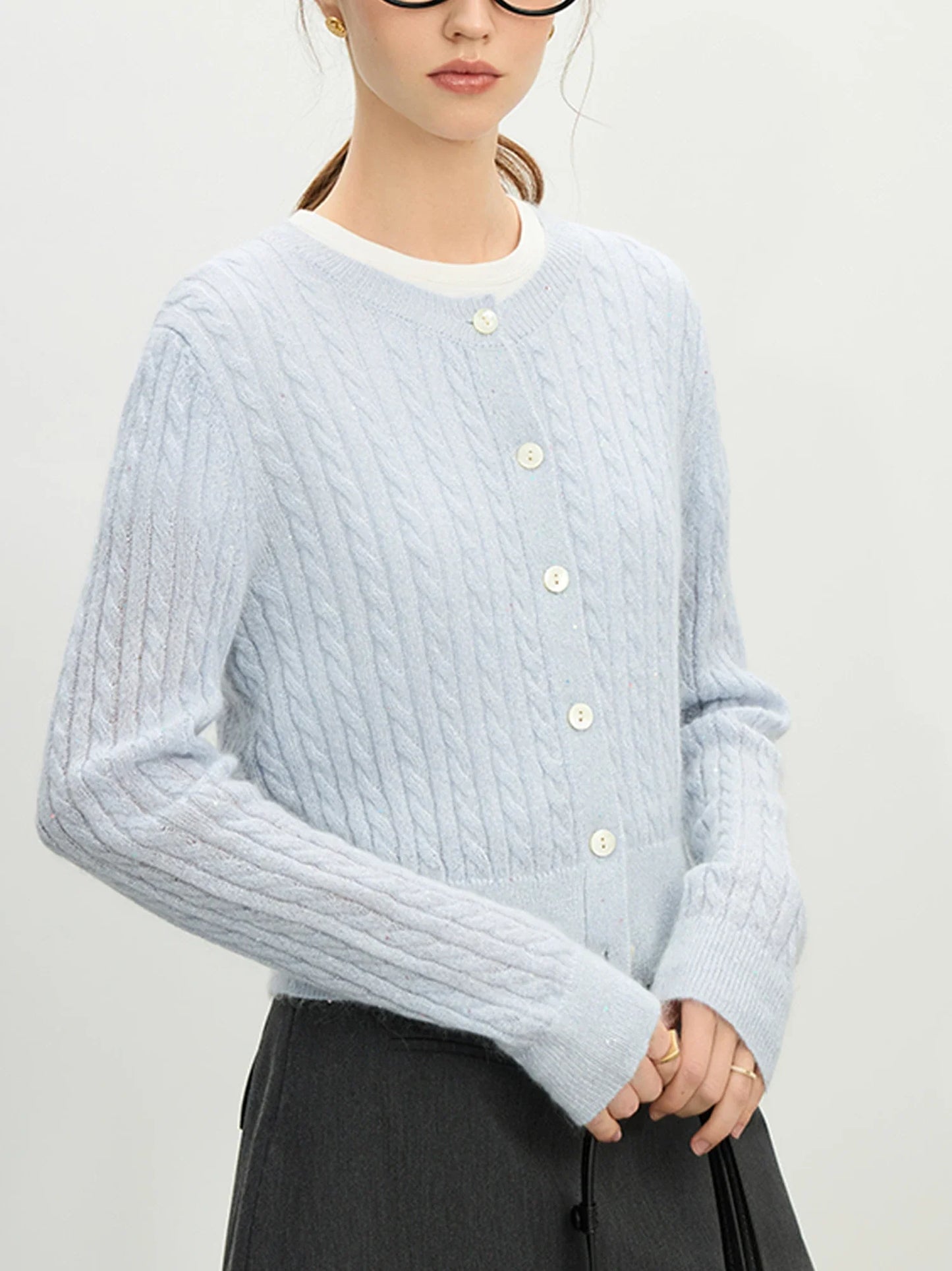 Beaded Round Neck Silk Blue Cardigan