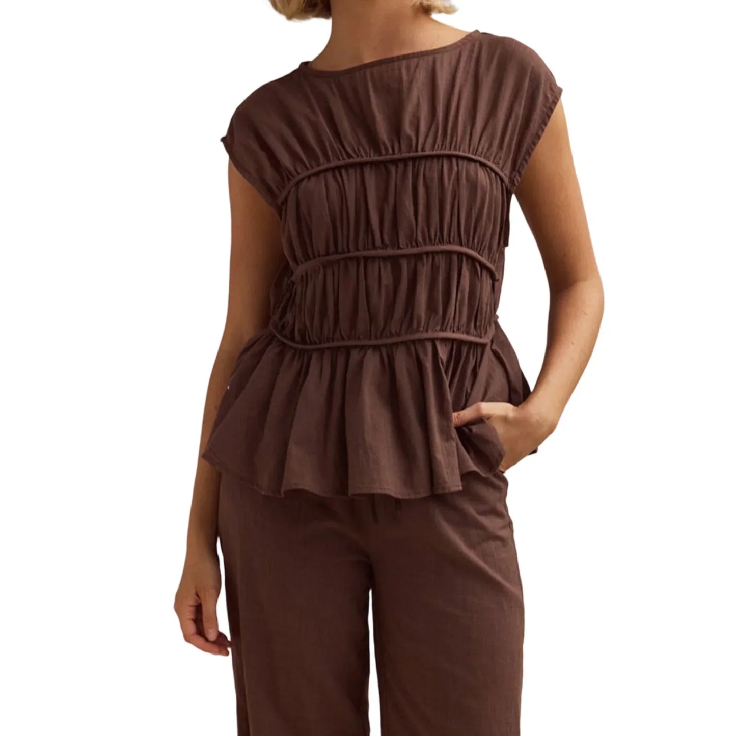 | Ruched Cap Sleeve Peplum Top