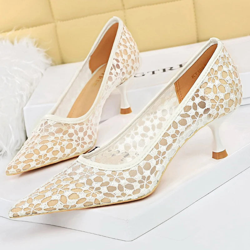 Lace Mesh Cutout Kitten Heel Pumps for Women - Sexy Banquet Shoes