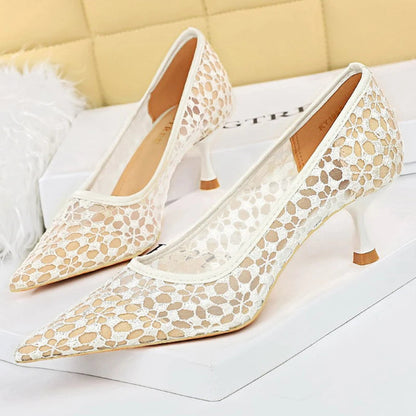Lace Mesh Cutout Kitten Heel Pumps for Women - Sexy Banquet Shoes