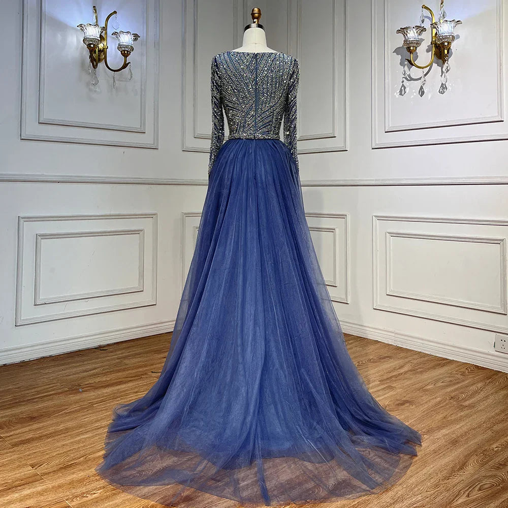 Blue Mermaid Beaded Long Sleeves Evening Gown