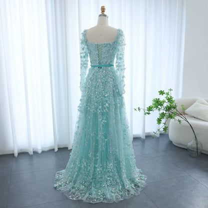 3D Floral A-Line Evening Gown Long Sleeves
