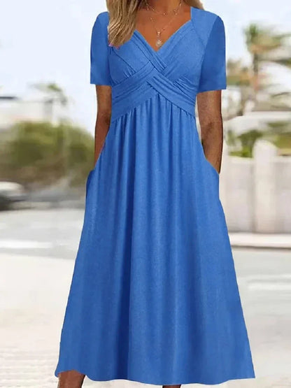 Crossover V-Neck Empire Waist Pocket A-Line Maxi Dress