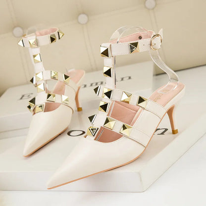 Thin High-heeled Shallow Mouth Pointed Roman Style Metal Rivets Shoes