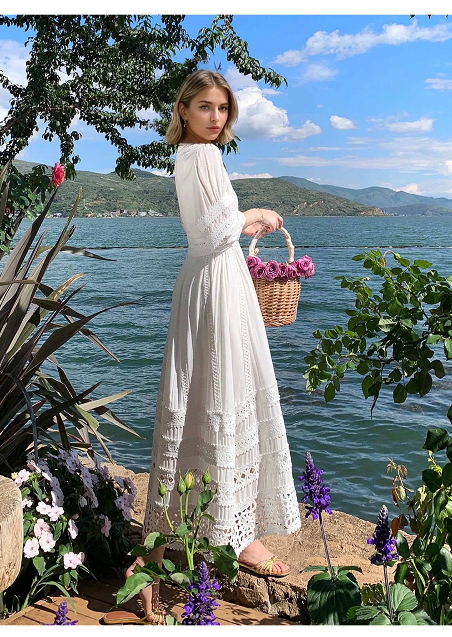 Vintage V-neck Cotton Floral Lace Boho Dress