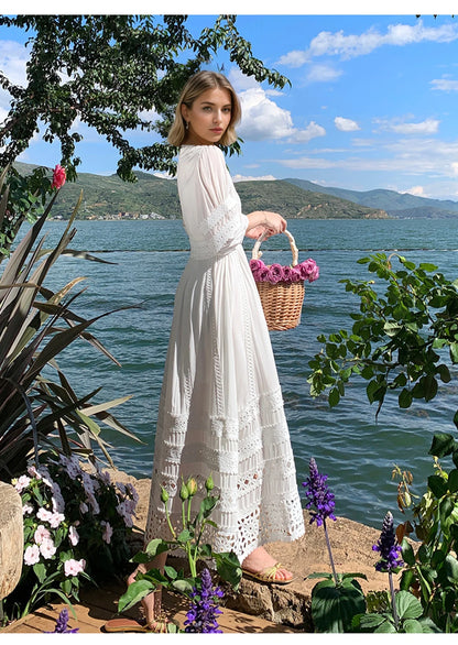 Vintage V-neck Cotton Floral Lace Boho Dress