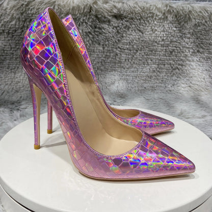 Pink Laser Shiny Crocodile Effect High Heel Shoes for Women