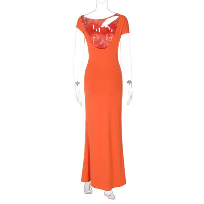 Hollow Out Metal Buckle Solid Short Sleeve Long Dress