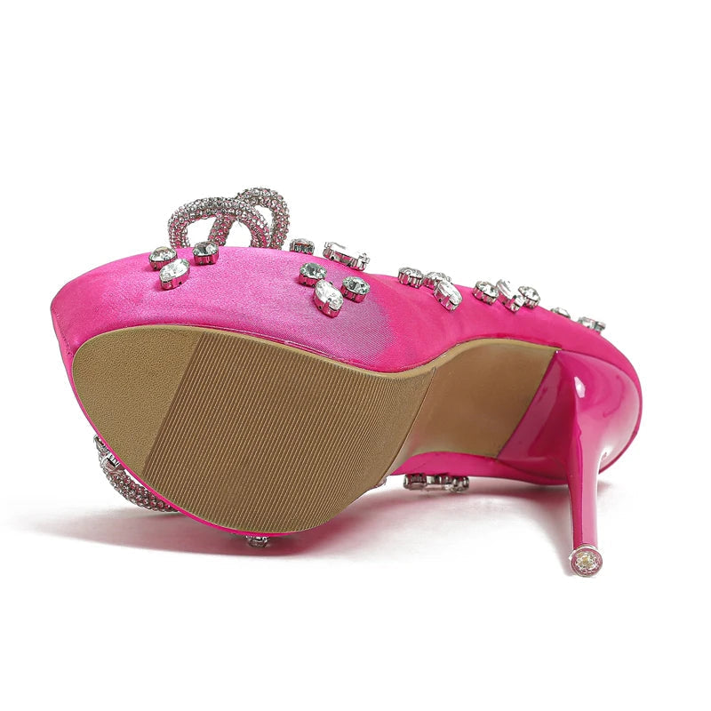 Rhinestone Butterfly-knot Platform Pumps Stiletto Heels for Women