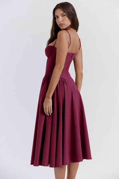 Corset Bustier Spaghetti Strap Basque Waist Pleated Midi Dress