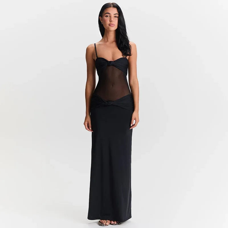Twist Suspender Mesh Splice Maxi Dress