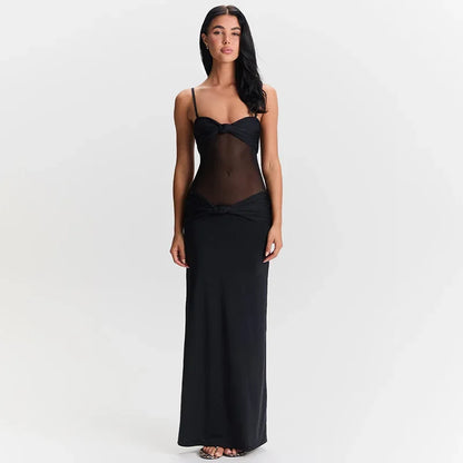 Twist Suspender Mesh Splice Maxi Dress