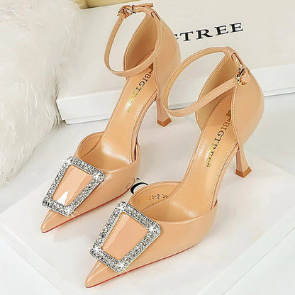 Rhinestone Women Pumps in Patent Leather with High Kitten Heels and Pointed Hollow Design