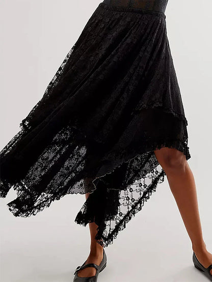 Lace Elastic Irregular Midi Skirt