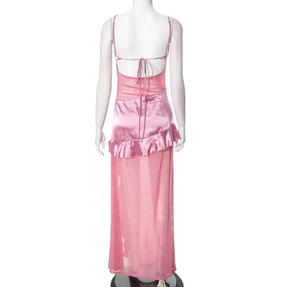 Pink Satin Patchwork Mesh Ruffle Slit Midi Dress