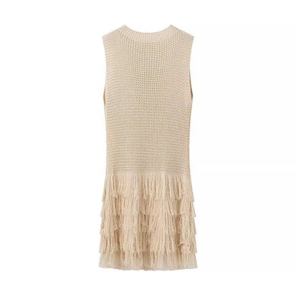 Kniitted Hollow Out Patchwork Tassel Short Dress