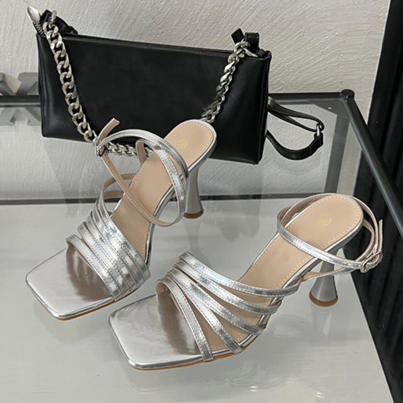 Summer Golden Silver Square Toe Sandals for Women