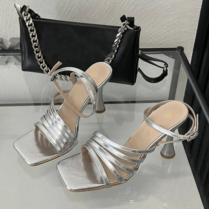 Summer Golden Silver Square Toe Sandals for Women