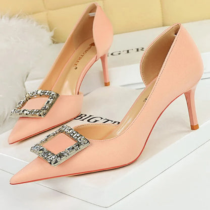 7 cm Heels Metal Buckle Women Pumps in Silks and Satins with Kitten Heels