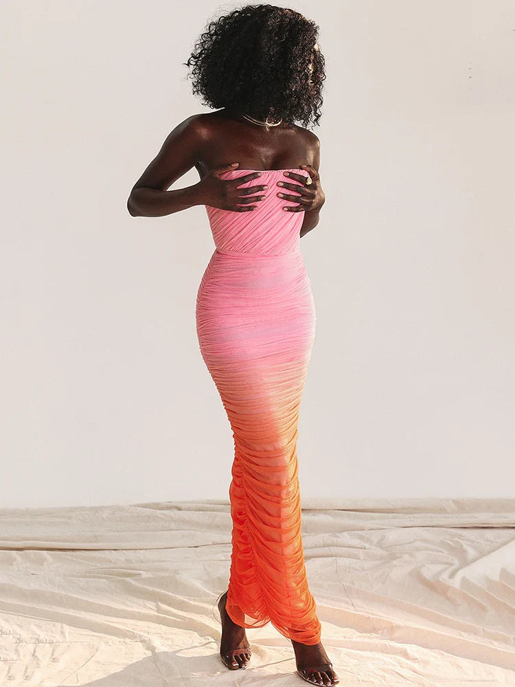 Gradient Strapless Split Bodycon Vacation Dress