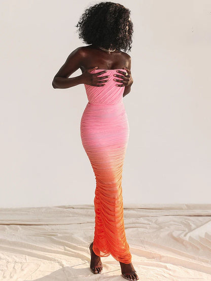 Gradient Strapless Split Bodycon Vacation Dress