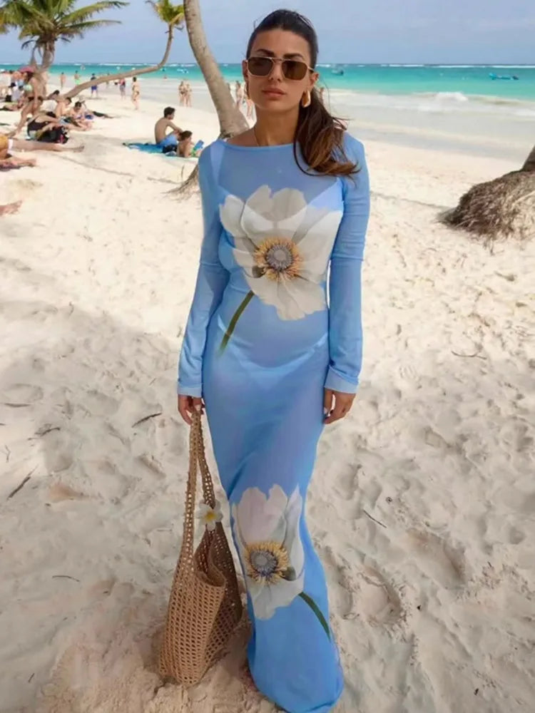 Mesh See Through Lace-up Backless Vacation Dress
