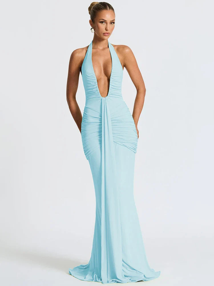 Draped Deep V Club Party Maxi Bodycon Dress