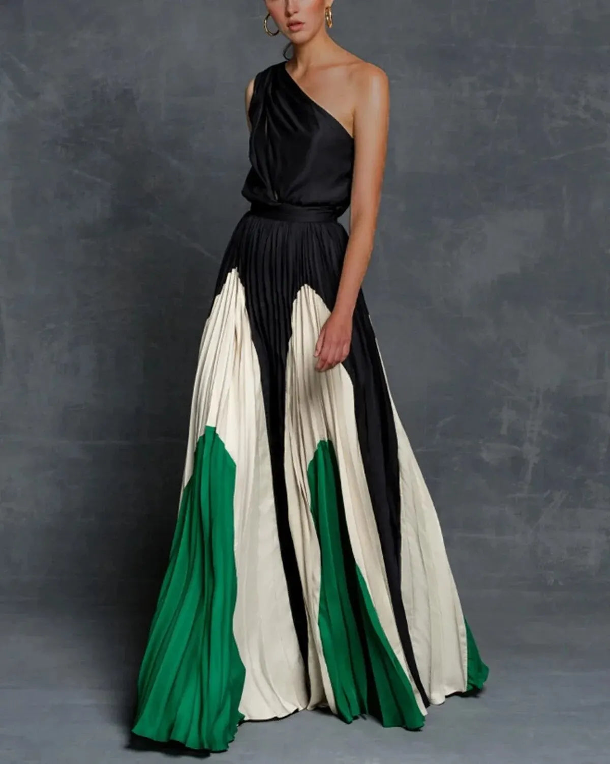 One-Shoulder Sunray Pleated Geometric Panel Maxi Gown