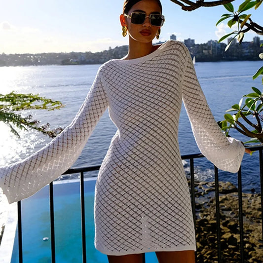 Knitted Hollow Backless Beach Mini Dress