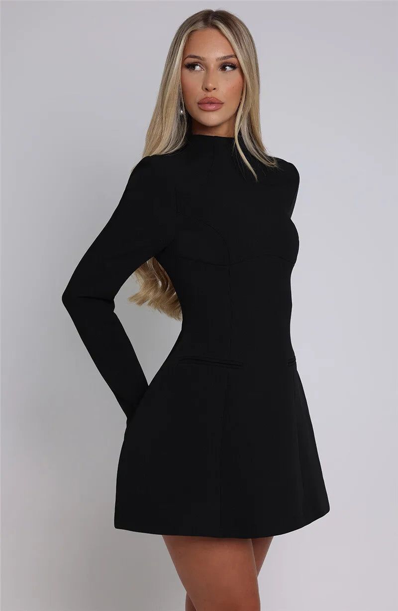 | White High Neck Long Sleeve Mini Dress