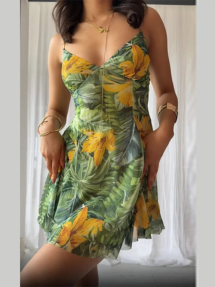 Printed Lace Up Slip Mini Dress