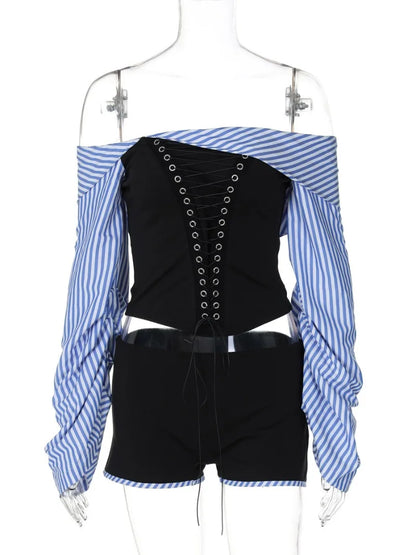 Fashion Chic Women Long Sleeve Striped Long Sleeve Corset Shirts + Shorts 2 Piece Sets High Street Tunics Bandage Female Suit