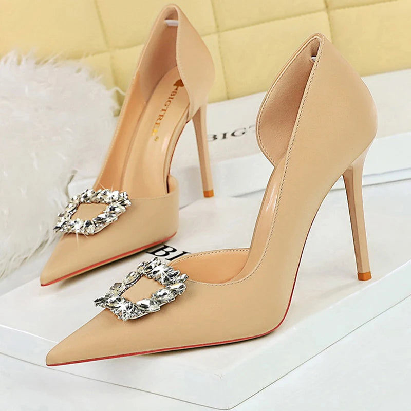 Wine Red 10.5cm Heels Metal Rhinestone Woman Pumps Luxury Banquet Shoes