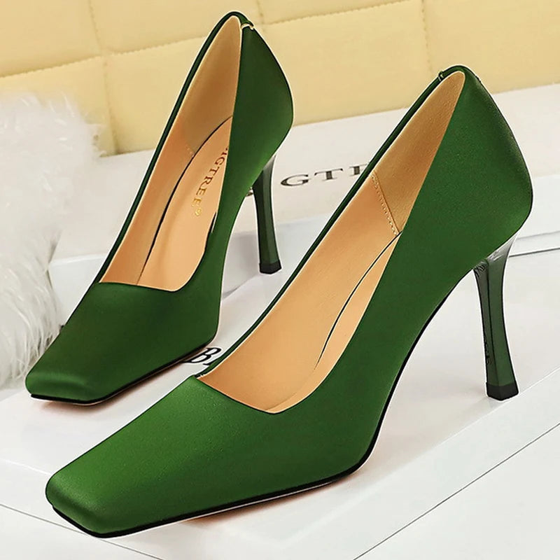 Spring Women Pumps Silks Satins High Heels 8.5 Cm