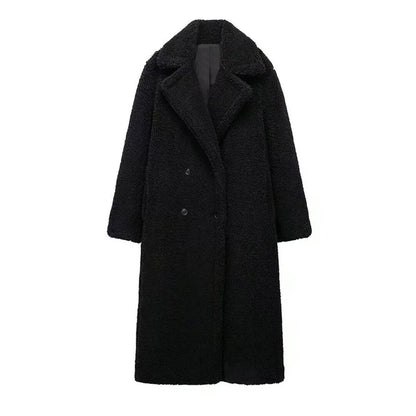 Thicken Warm Outwear Women Furry Double Breasted Loose Turn-down Collar Casual Long Coat Female Winter Chic Jackets