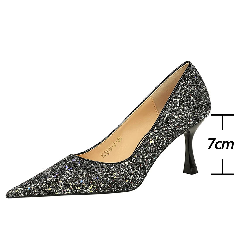 Shiny Sequin Cloth Women Pumps with 7 cm Metal Heel