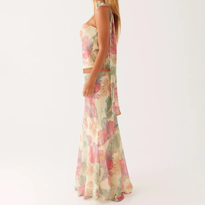 Floral Strapless Bodycon Skirt Two Piece Set