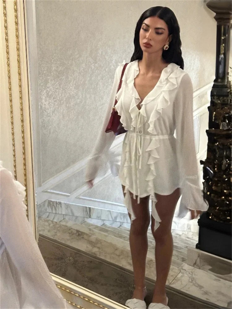 Sheer Chiffon Ruffle Trim Deep V-Neck Tie Front Long Sleeve Mini Dress