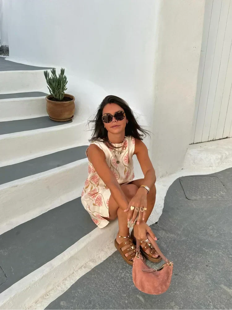 Crew Neck Sleeveless Embroidered Floral A-Line Mini Dress