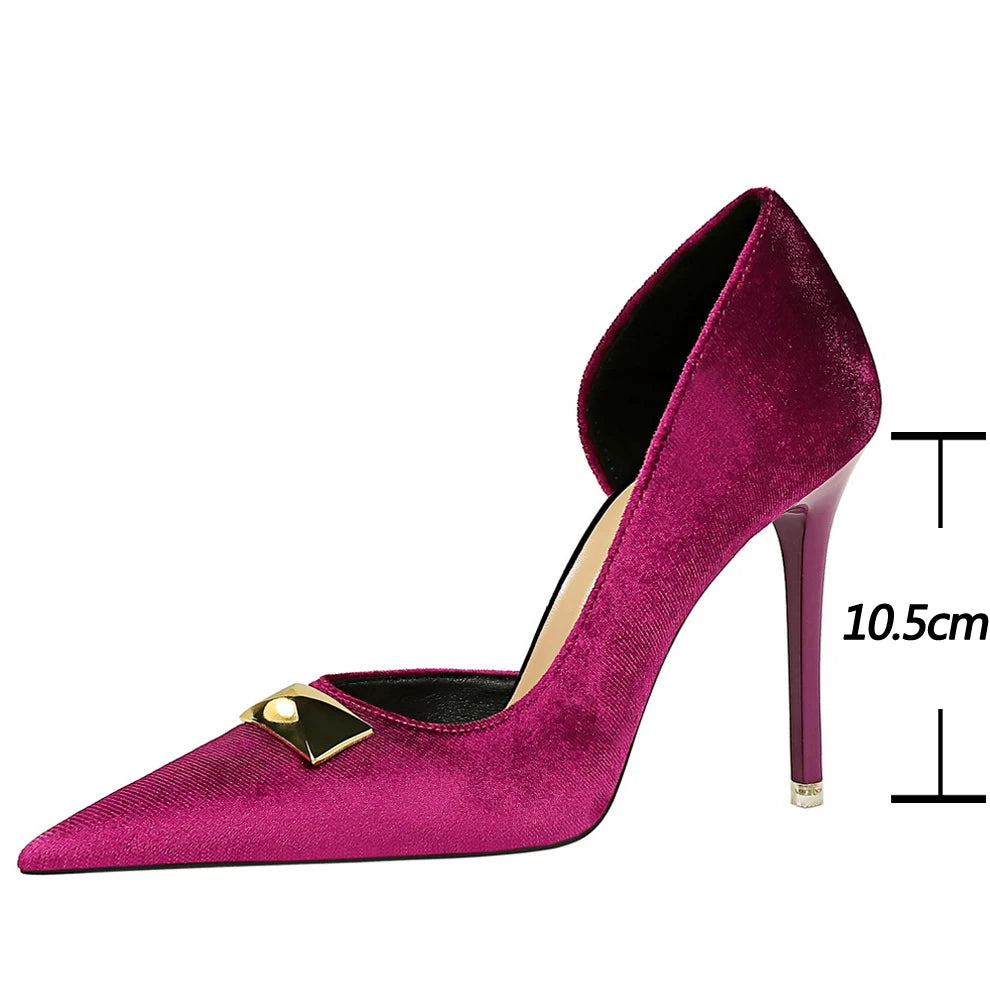 Xishi Velvet High Heel Stilettos with Pointed Side Hollowing for Women