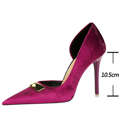 Xishi Velvet High Heel Stilettos with Pointed Side Hollowing for Women