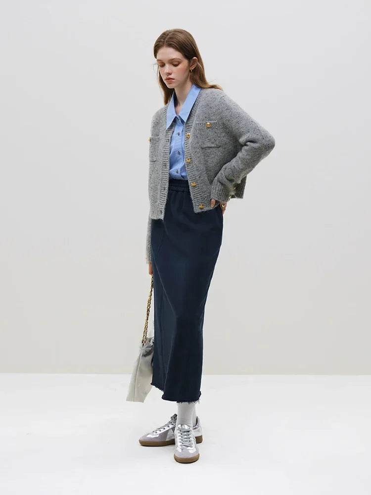 Wool Short Button Round Neck Cardigan