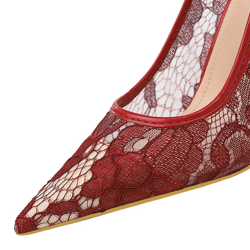 Red Lace Women Pumps with Mesh Hollow High Heels for Sexy Party Style