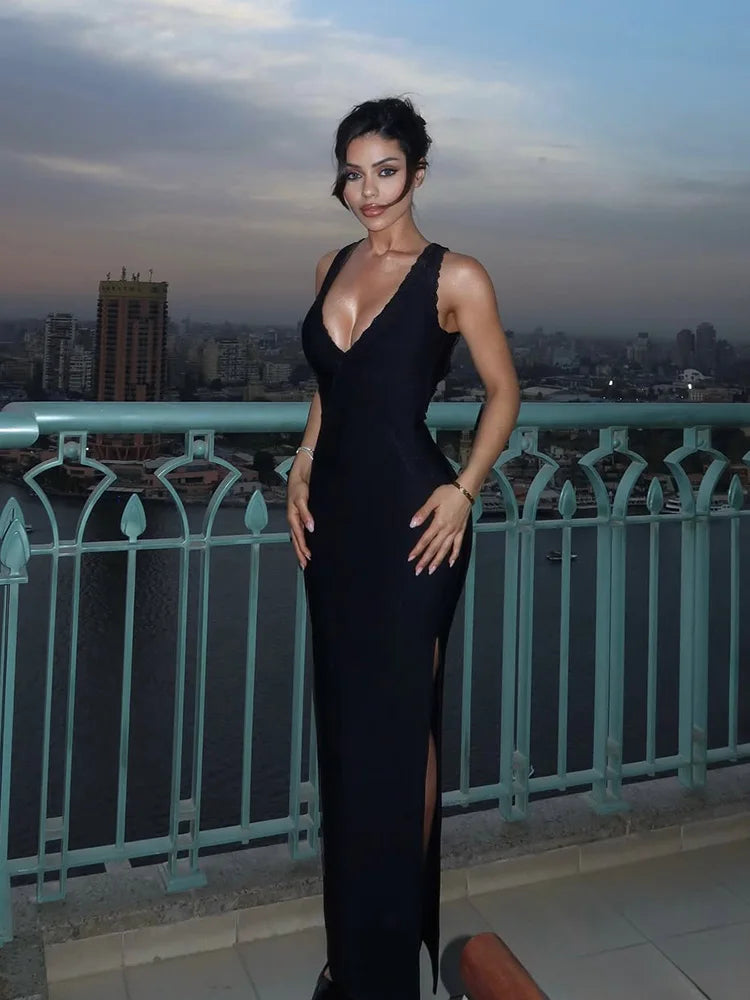 Lace Patchwork Backless Split Party Dress