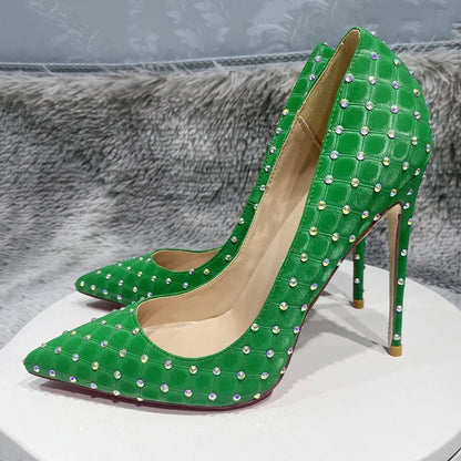 Green Flock Fabric Plaid Pointy Toe High Heel Shoes with Rhinestones for Women