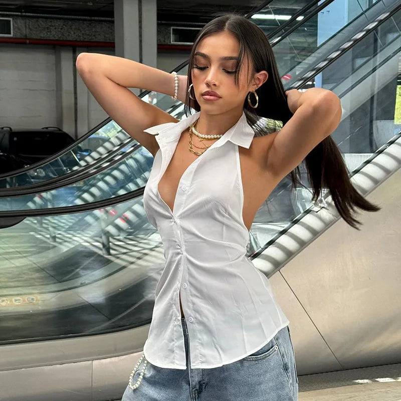 POLO Lapel Buttons Shirt Vest Backless Lacing Women's Clothing Halter Solid Tops For Female Versatile 2024 Summer Clothes