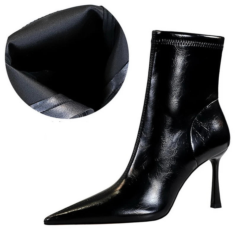 Leather High Heel Boots with Side Zipper and Warm Plush Lining for Winter