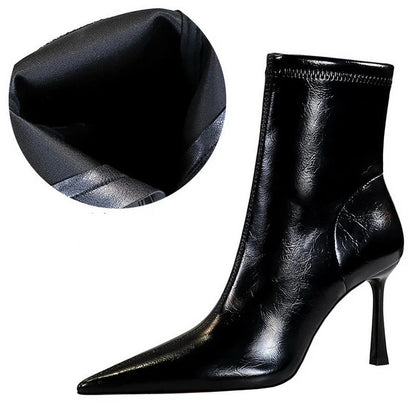 Leather High Heel Boots with Side Zipper and Warm Plush Lining for Winter