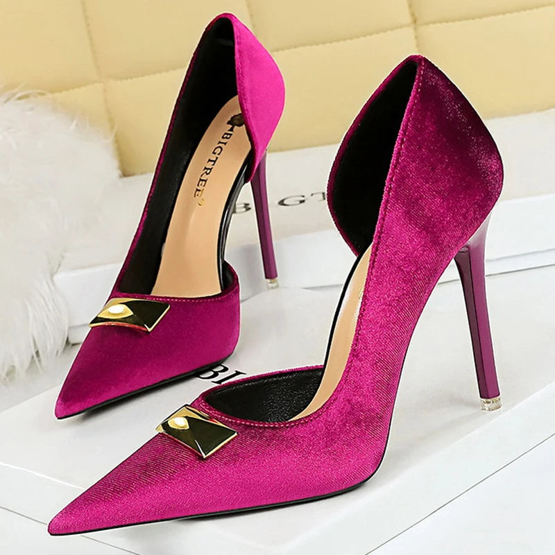 Xishi Velvet High Heel Stilettos with Pointed Side Hollowing for Women