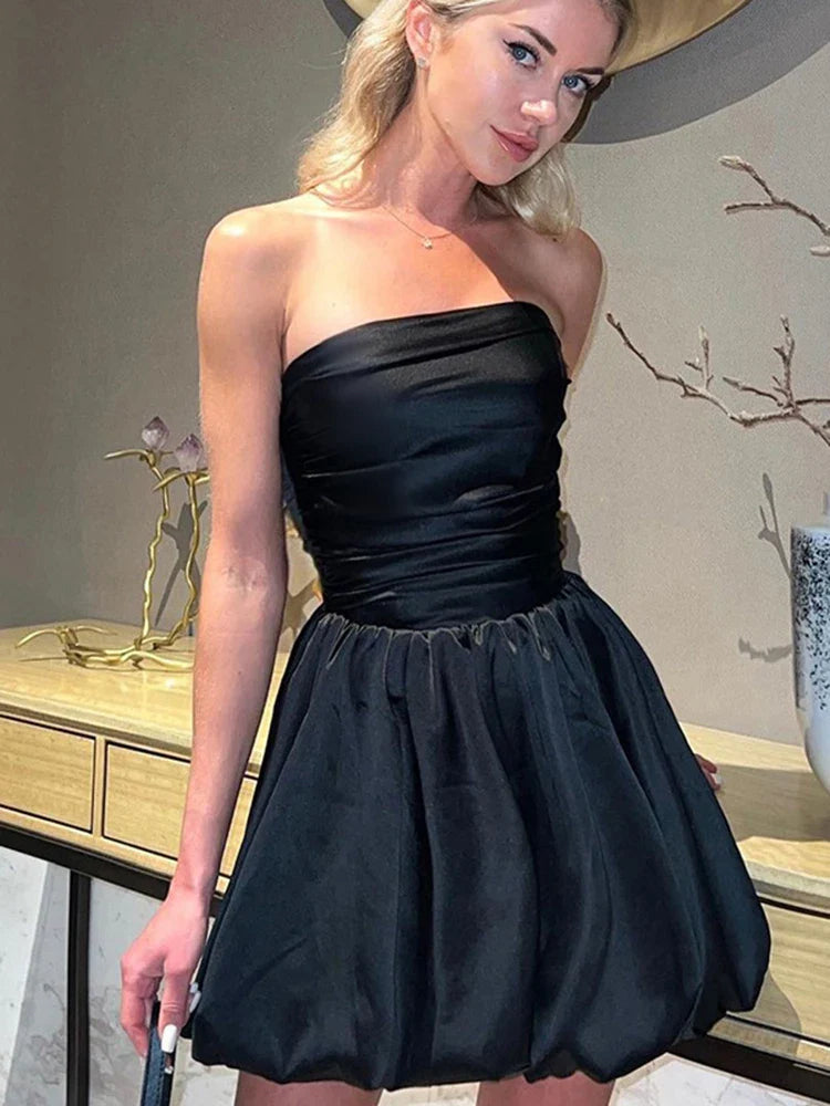 Ruffle Slash Neck Strapless Mini Dress